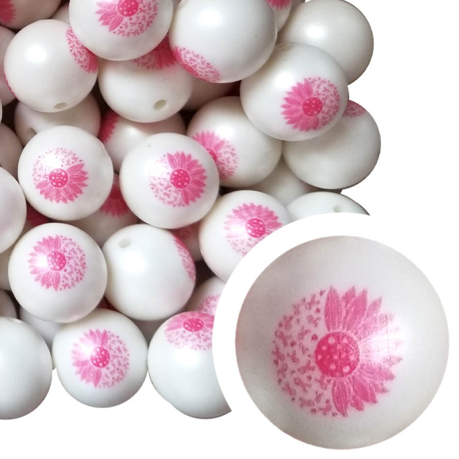 breast cancer flower 20mm printed bubblegum beads