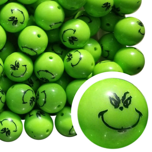 green grinch smirk 20mm printed bubblegum beads