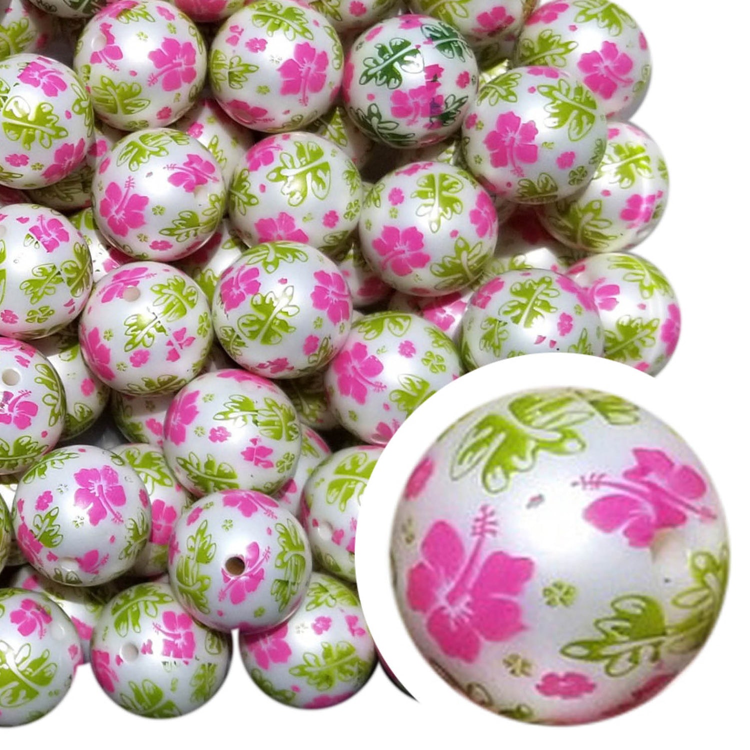 hibiscus flowers 20mm printed bubblegum beads