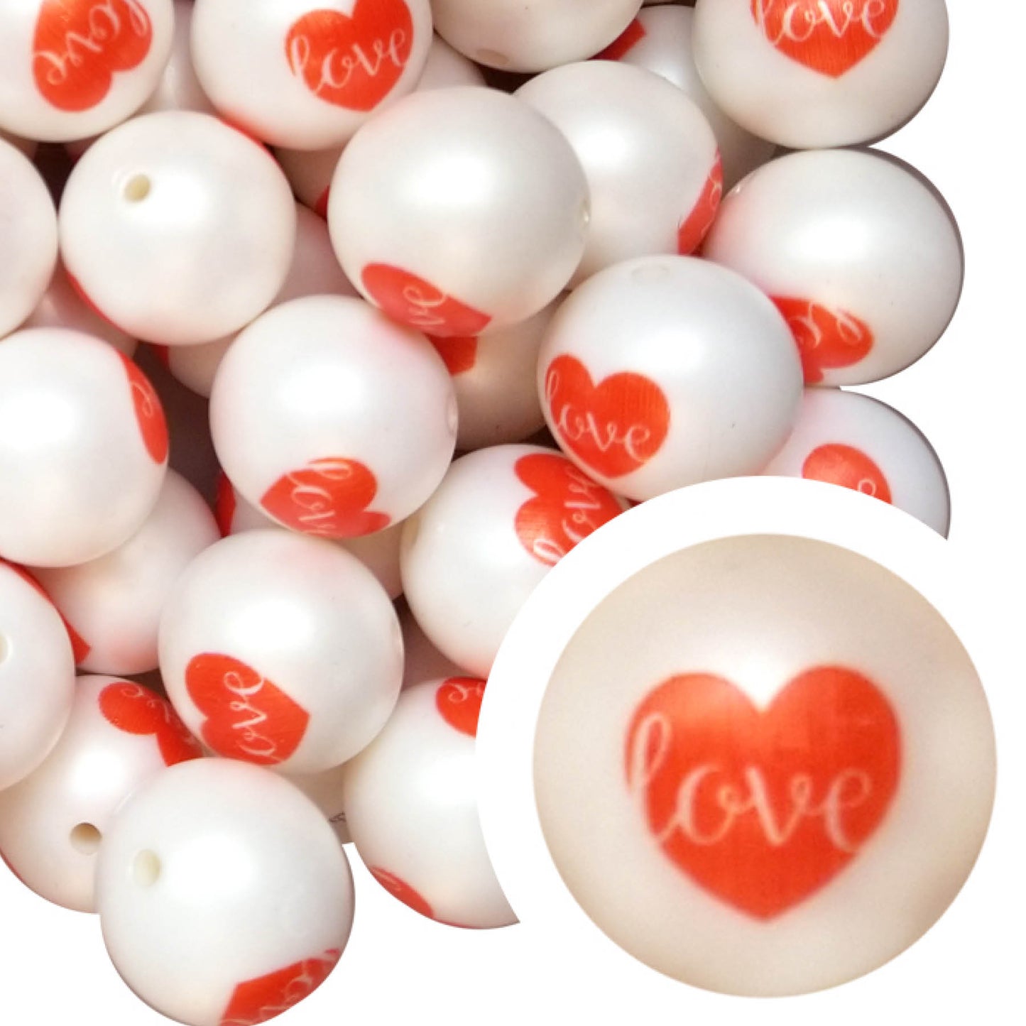 love heart 20mm printed bubblegum beads