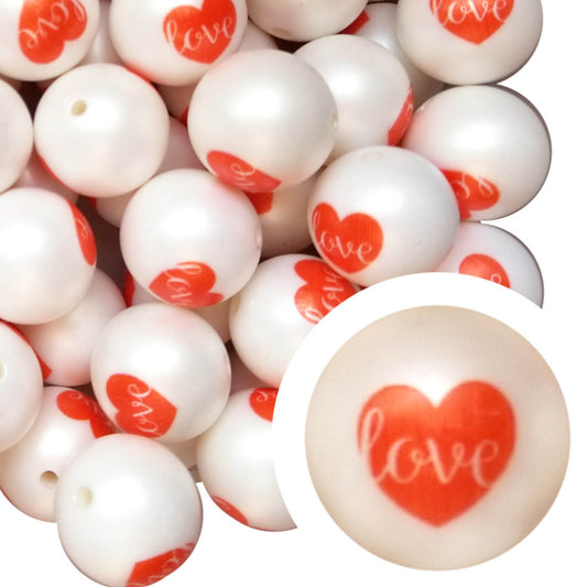 love heart 20mm printed bubblegum beads