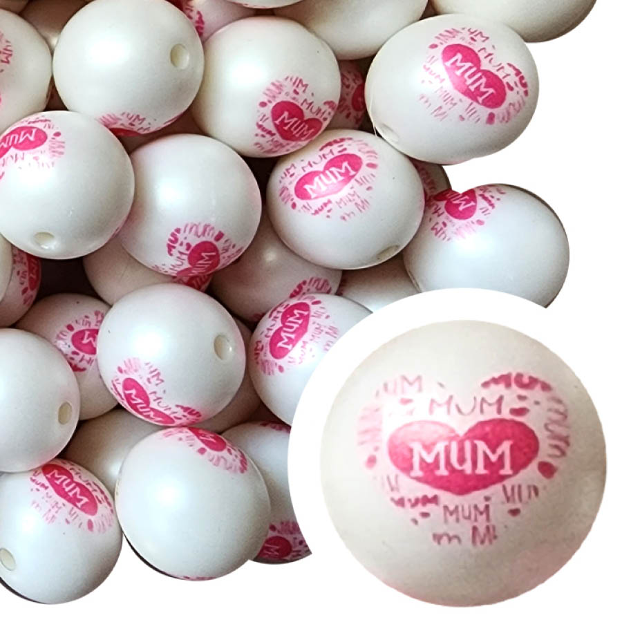 mum heart 20mm printed bubblegum beads