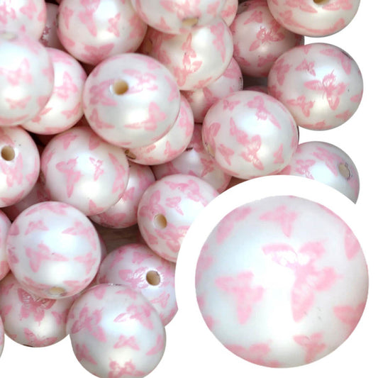 pink butterfly print 20mm printed bubblegum beads