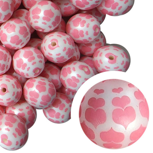 pink cascading hearts 20mm printed bubblegum beads