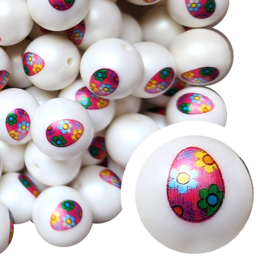 pink floral easter egg 20mm printed wholesale bubblegum beads