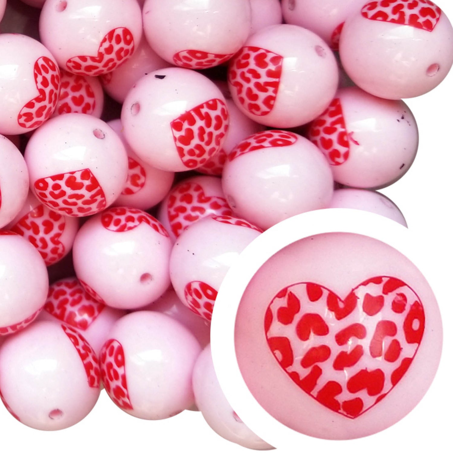 pink leopard print heart 20mm printed bubblegum beads