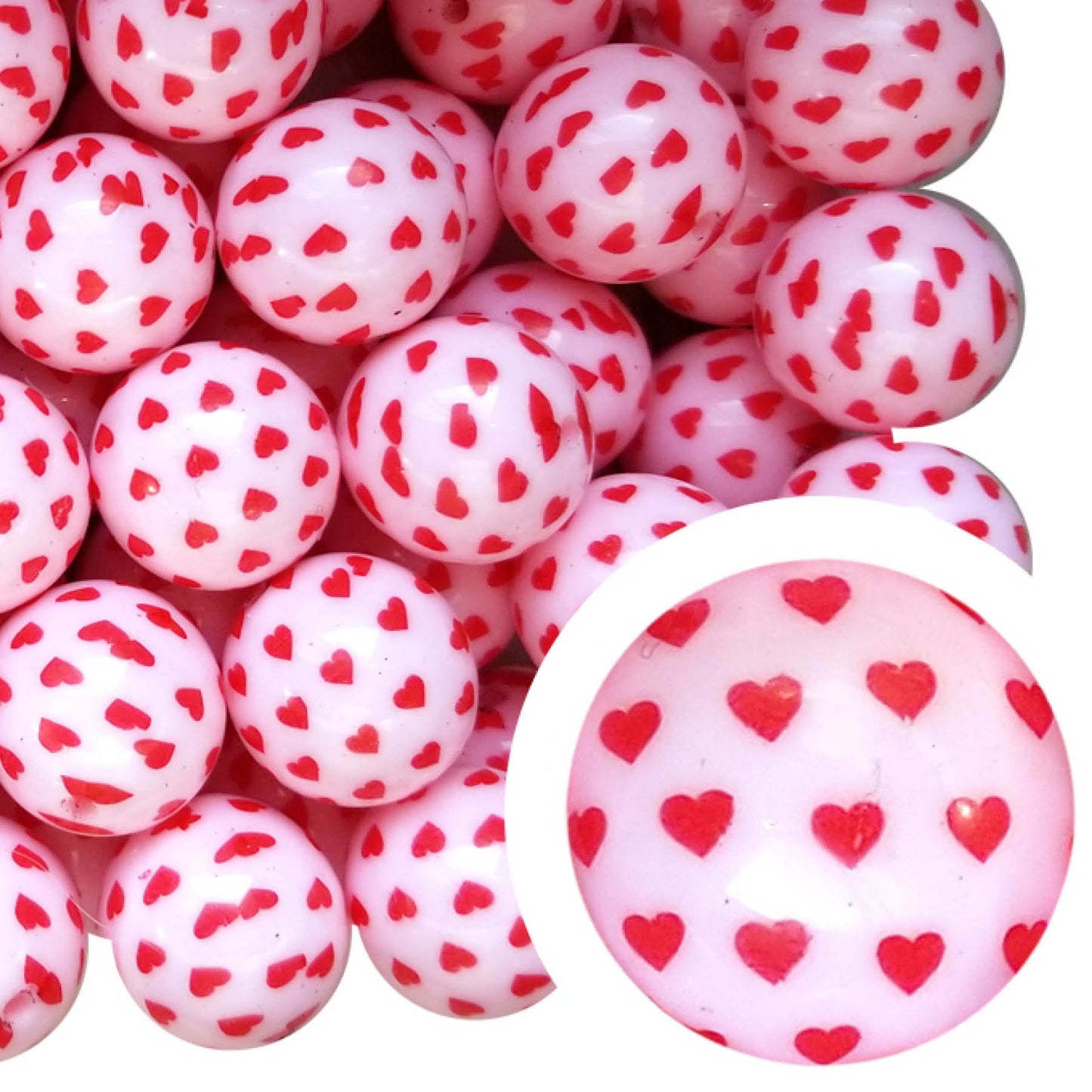 pink & red tiny hearts 20mm printed bubblegum beads
