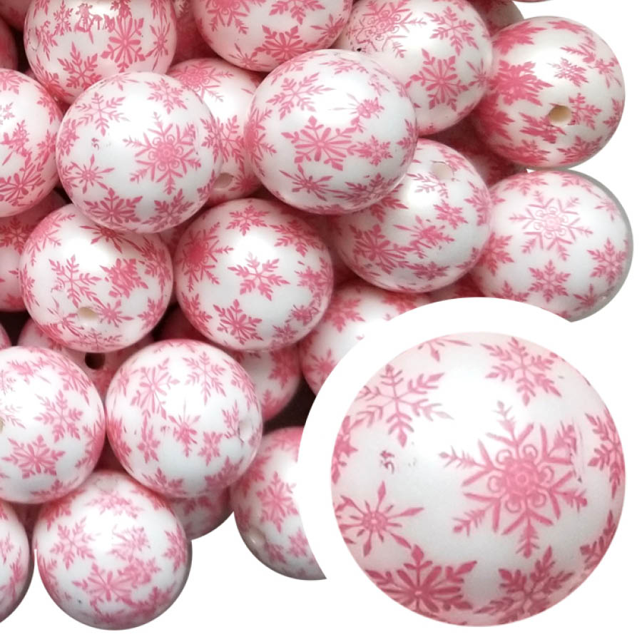 pink snowflakes 20mm printed bubblegum beads