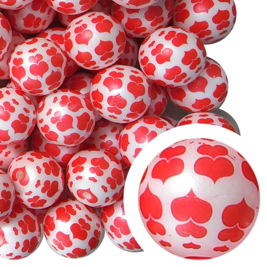 red cascading hearts 20mm printed wholesale bubblegum beads