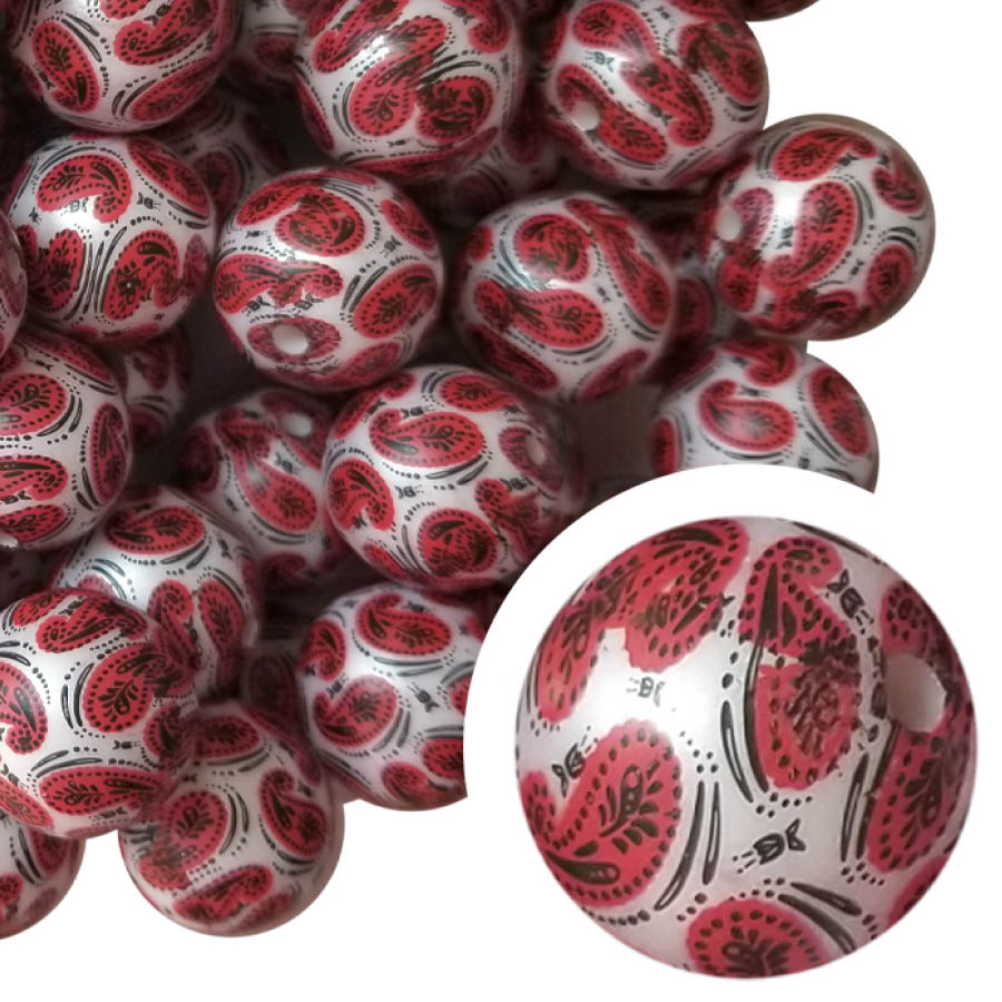red paisley 20mm printed wholesale bubblegum beads