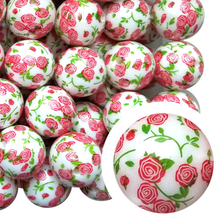 red roses 20mm printed bubblegum beads