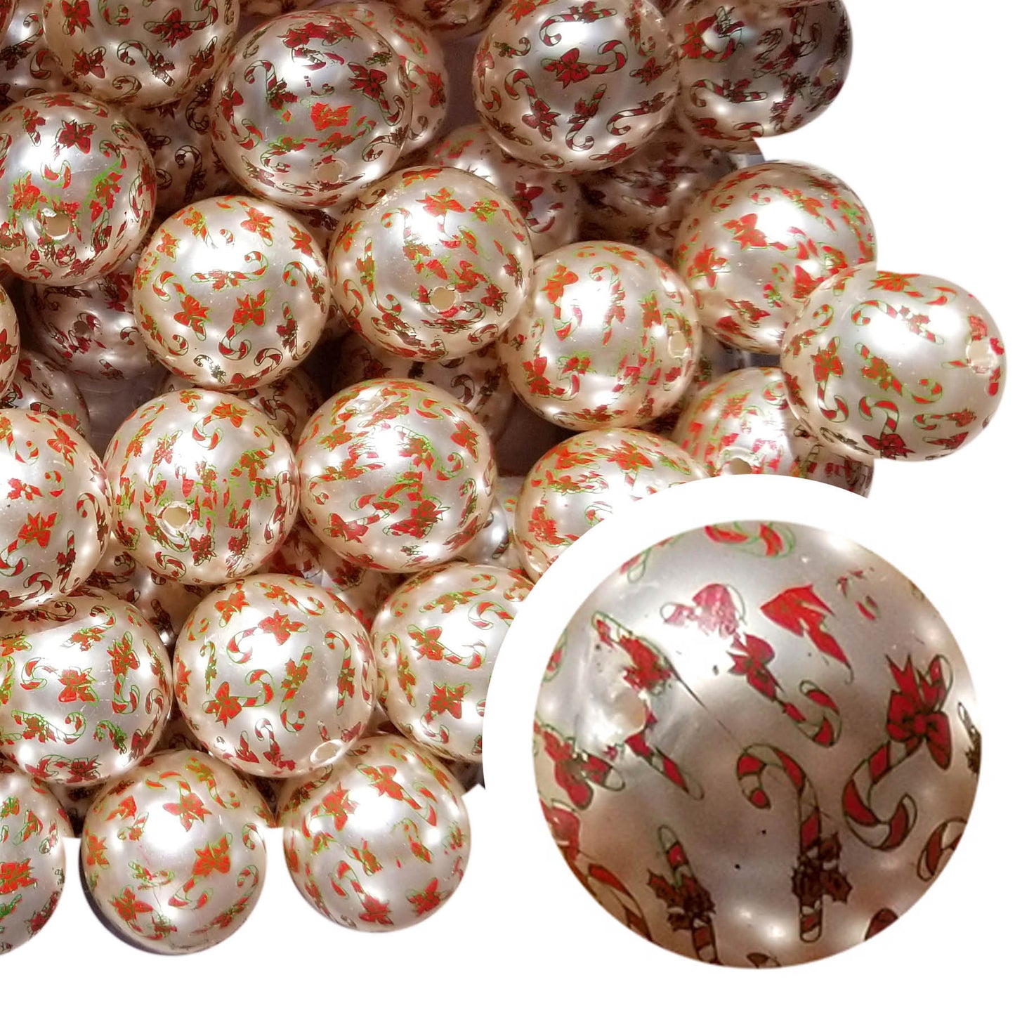 shiny pearl candy cane 20mm printed bubblegum beads
