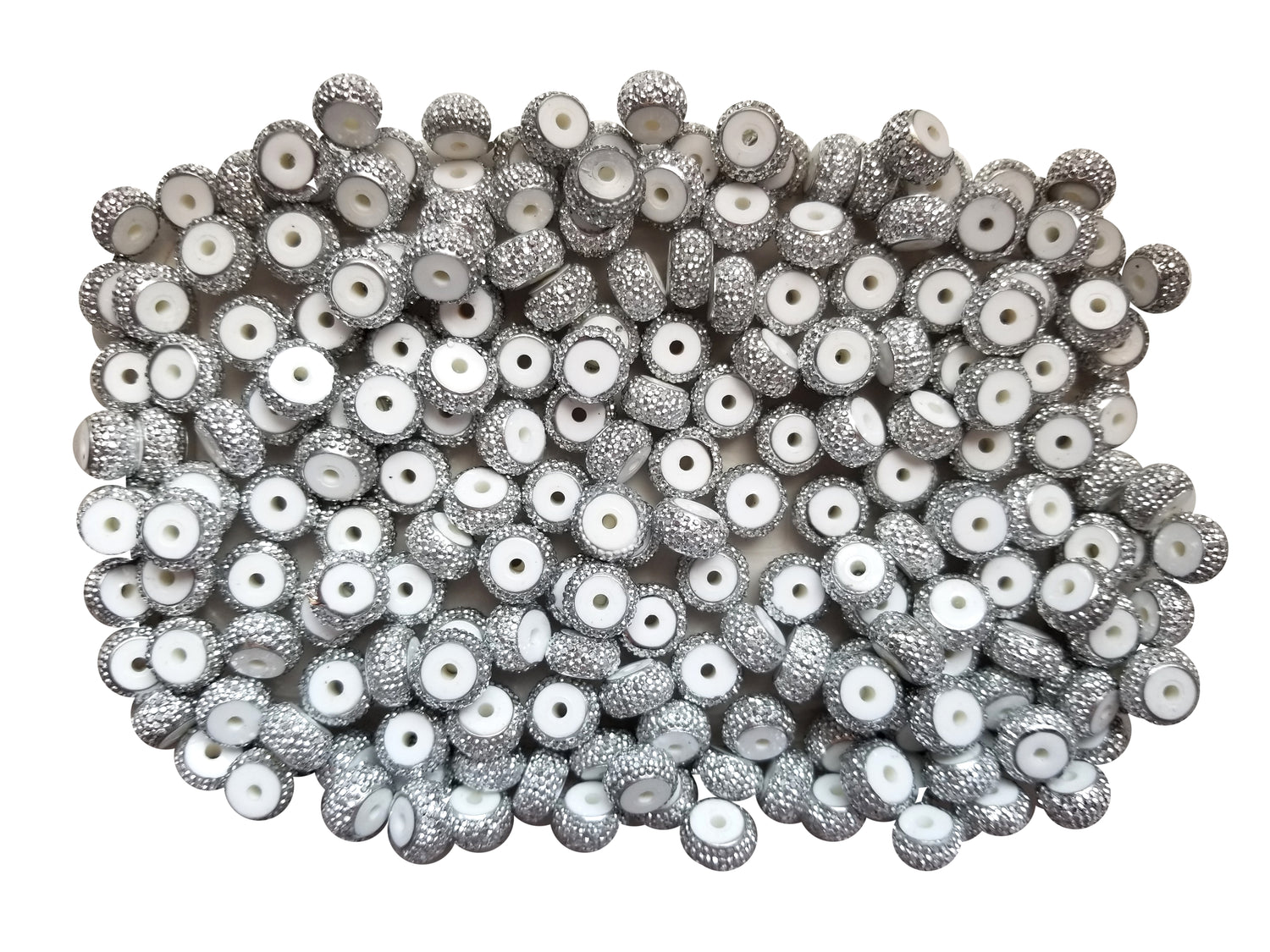 Rhinestone Spacer Beads, 8mm Silver Plated Donut Shaped Beads with