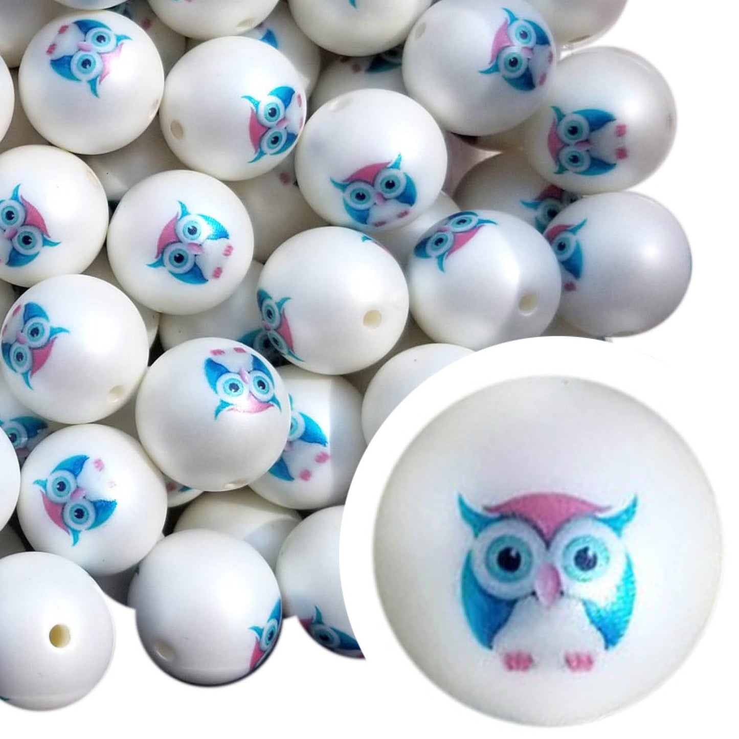 tiny blue owls 20mm printed bubblegum beads