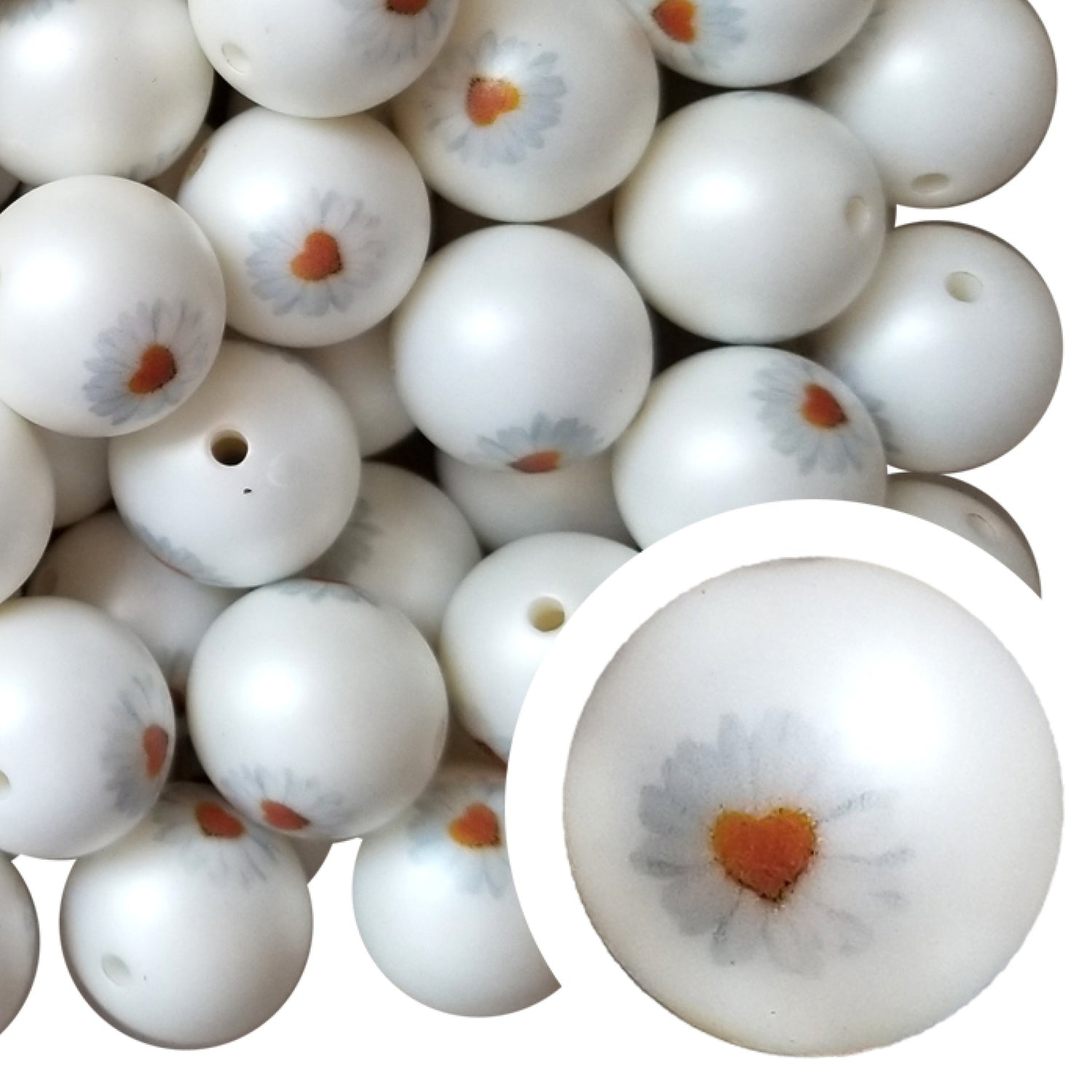white daisy 20mm printed bubblegum beads